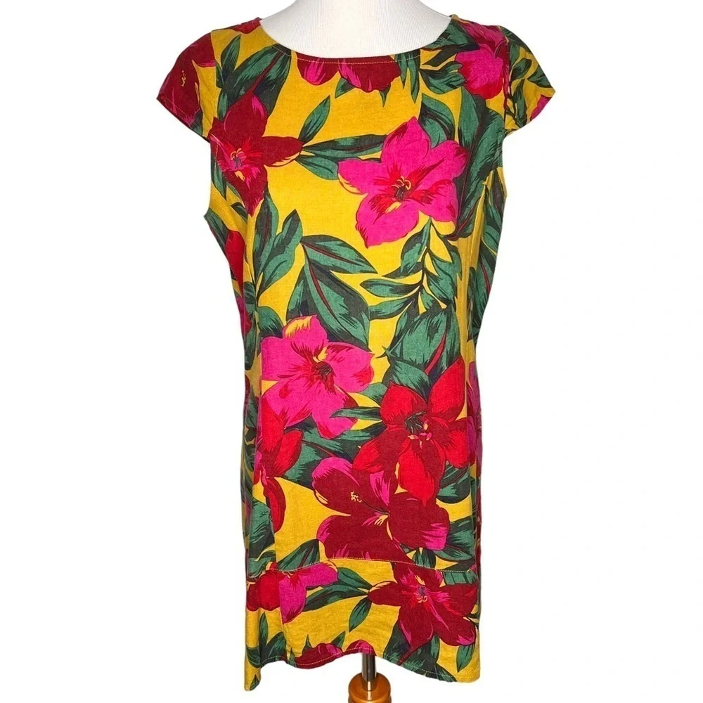 For Cynthia Womens Linen Dress Size Petite Large Hawaiian Tropical Floral Print